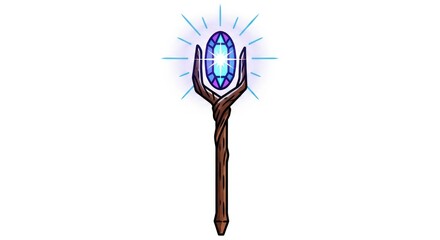 Wooden magic staff with a glowing purple gem on a white background