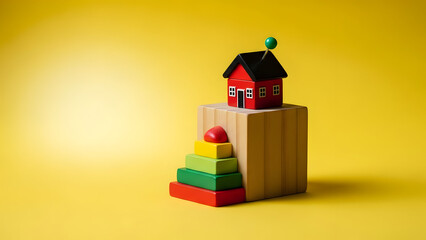 Colorful wooden toy blocks with a small red house on top against a bright yellow background