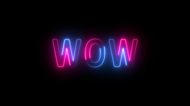 Wow neon sign animation. Glowing neon lines wow text animation on black background. Seamless loop. neon luxury wow text animation.