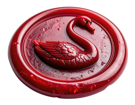 Close-up view of a vibrant red wax seal, featuring a swan design embossed on the surface