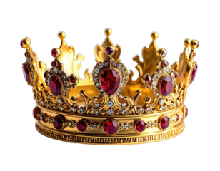 Ornate golden crown with ruby and diamond accents, isolated on a black background