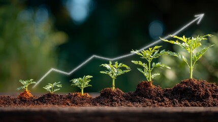 A row of small plants grows in stages, illustrated with a rising graph overlay, showing a concept of development
