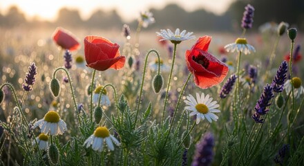 Red poppies and white daisies.