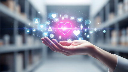 A persons hand with glowing social media icons and a pink heart hovering above it in a library setting with blurred bookshelves