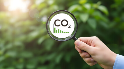 Hand holding magnifying glass with co2 graph and green leaves in background for ecology and environment concepts