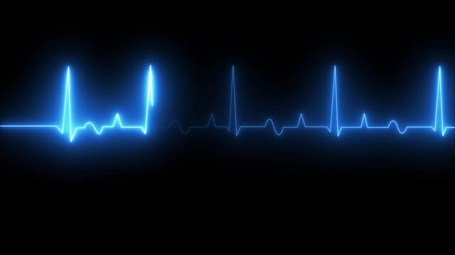 Heartbeat monitor EKG line monitor showing heart pulse .Neon sign heartbeat signal animation , Glowing blue color neon heartbeat icon. Heart bit signal