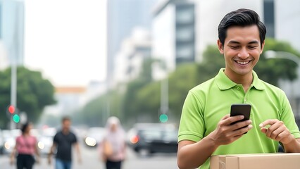 Smiling Delivery Man Using Mobile Phone While Holding a Package