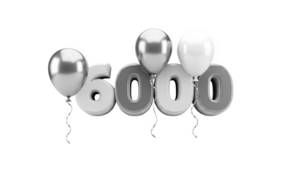 3D Number 6000 with balloons, celebration, achievement on transparent background