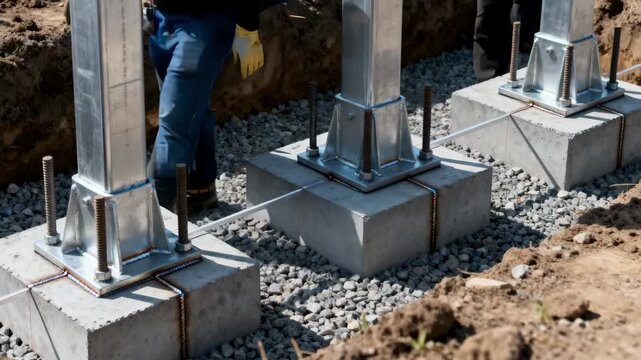 Closeup of foundation underpinning process using piers showcasing precise alignment and secure embedding for longterm building reinforcement.
