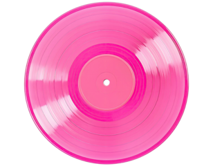 Top-down view of a bright pink, transparent, vinyl record against a black background