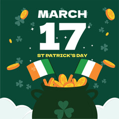 Irish Saint Patricks Day holiday banner, green pattern with greetings leprechaun hat and shamrock. Happy St Patrick Day vector poster in frame with clover leaf corners on argyle background