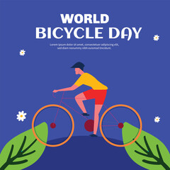 World bicycle day poster. International holiday and festival 3 June. Eco friendly transport.  Travel and trip. Poster or banner. Cartoon flat vector illustration
