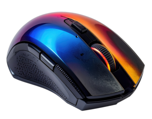 A computer mouse, iridescent colors, dark accents, isolated on black