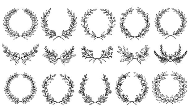 Vintage laurel wreath frame vector set with ornate floral branches circular borders and classic botanical design