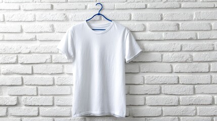 A plain white t-shirt hanging on a blue hanger against a white brick wall background. The shirt is clean and neatly presented