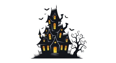 Spooky haunted house silhouette with bats on white background