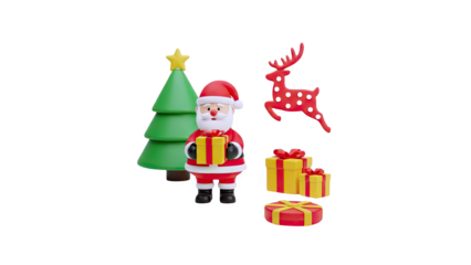 3D Santa Claus with Christmas Tree, Reindeer and Gifts on transparent background