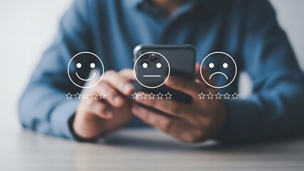 Man reviewing phone with emotional feedback.