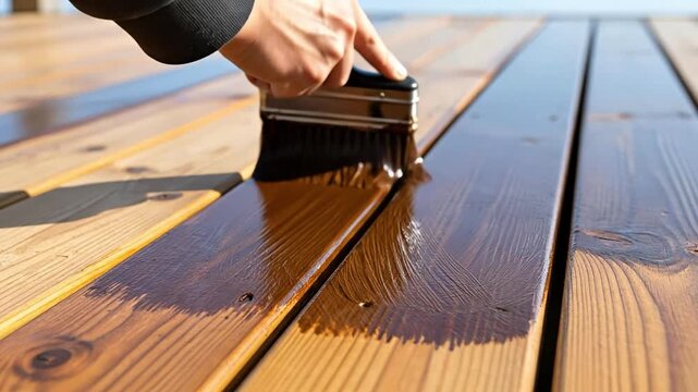 Applying Stain Finish on Wooden Deck Boards for Outdoor Home Improvement Projects
