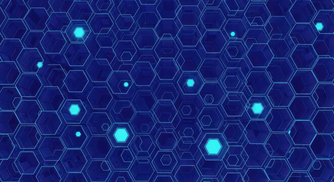 Hexagonal structure with glowing nodes on a blue background - Powered by Adobe