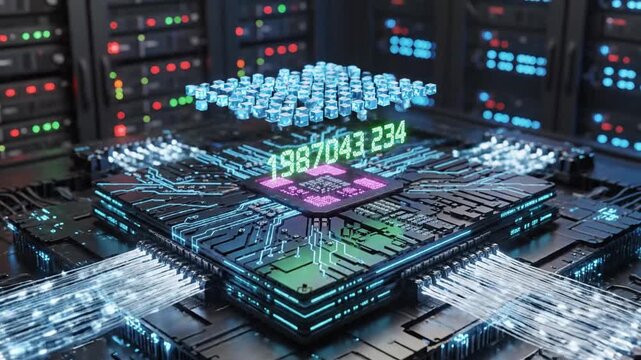 P234-CPU isometric concept. Ai futuristic microchip processor background. Data Quantum computer. Central 4K 10s