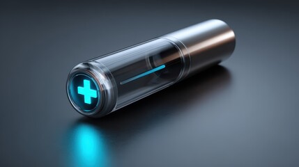 Transparent Battery Cell with Blue Glowing Plus Sign and Charge Indicator on Dark Background