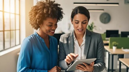 Two smiling diverse businesswomen, one Black and one Caucasian, collaborating on a digital tablet in a modern office environment.