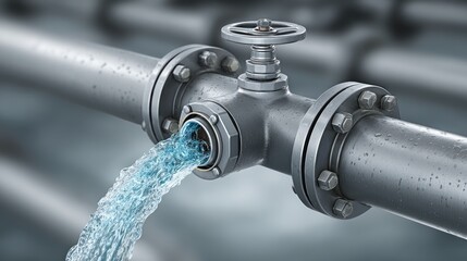 Metal industrial pipeline releases a strong stream of clean water through a valve fitting