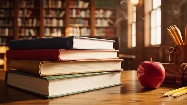 P232-back to school concept. stack of books over wooden desk in front of library. 4K 10s
