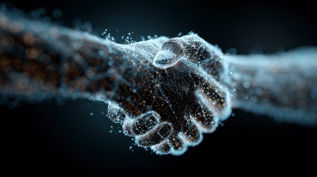 Digitized handshake, rendered with particle effects. One pair of hands in close up pose, representing agreement, connection, or unity - Powered by Adobe