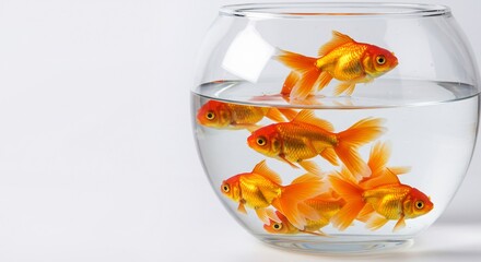 クリアな水が輝くガラス鉢でゆったりと泳ぐ鮮やかな金色の金魚たち明るい光が水面に反射し幻想的な美しさを醸し出す. AI Generated