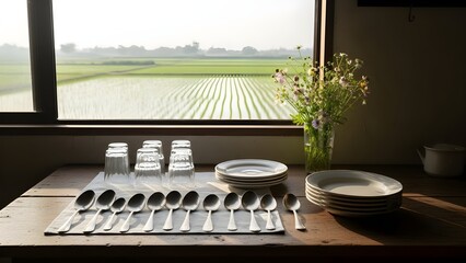 Serene morning table setting with rustic tableware against a lush green rice field view