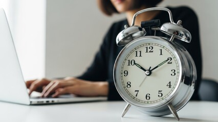 Alarm clock in foreground with person typing on laptop background.