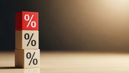 Stacked wooden blocks show percentage symbols against dark background.