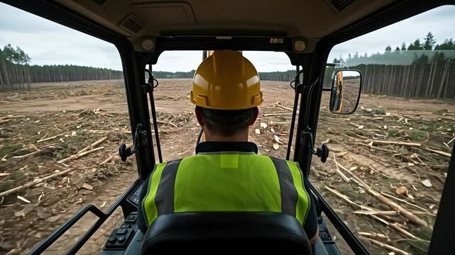 Construction Worker in Safety Gear Operating Heavy Machinery in Clear-Cut Forest Area