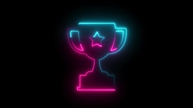 Glowing neon line Award cup icon isolated on black background. Winner trophy symbol. Championship or competition trophy. Sports achievement sign. 4K Video motion graphic animation.