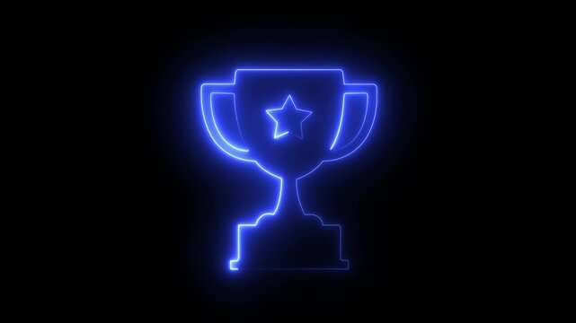 Glowing neon line Award cup icon isolated on black background. Winner trophy symbol. Championship or competition trophy. Sports achievement sign. 4K Video motion graphic animation.