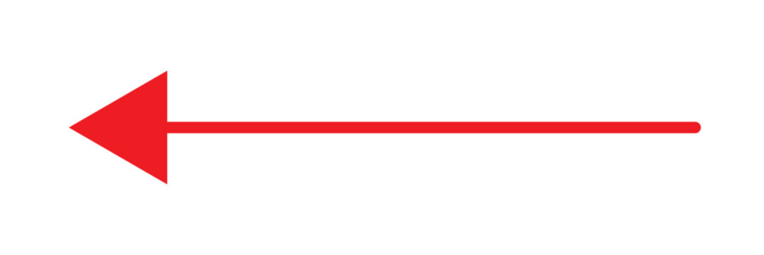 Thin red linear arrow with barbed head pointing left isolated on white.
