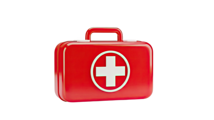 Red first aid kit with white cross symbol on transparent background