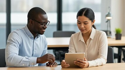 Diverse business professionals, a young African American man and an Asian woman, collaborating and discussing work on a digital tablet in a modern office setting. - Powered by Adobe
