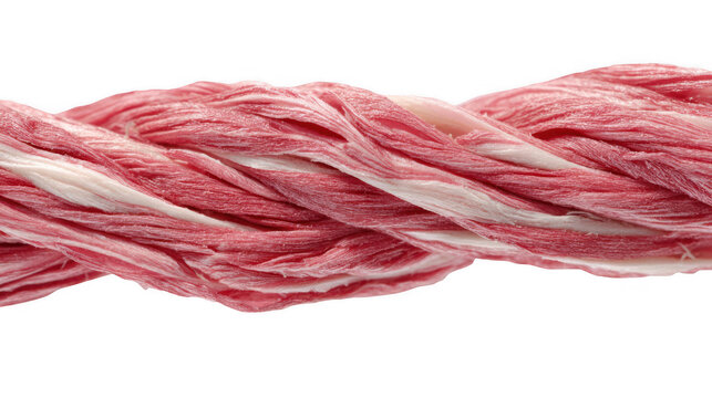 Microscopic view of muscle fiber tearing, showing white tendons and red muscle tissue, providing a detailed representation of muscle strain or injury on a transparent background