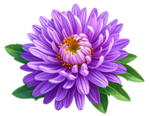 Purple aster bloom, yellow center, green leaves, isolated