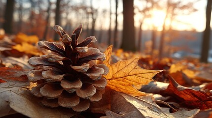 Solitary pinecone rests upon fallen leaves in warm forest sunlight