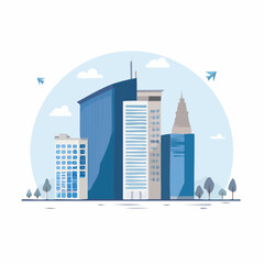Obraz premium Modern city skyline with sleek skyscrapers, trees, and airplanes flying in the sky