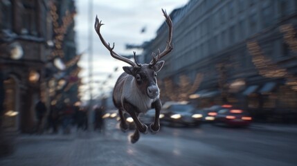 beautiful reindeer flying on a bustling street,