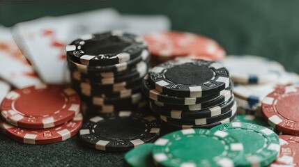Stacks of assorted casino tokens rest on a felt surface next to playing cards