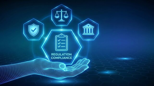 Regulation Compliance financial control internet technology concept on virtual screen. Compliance rules icon in wireframe hand. Reg Tech. Law regulation policy. Vector ai