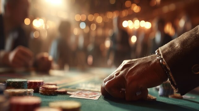 Close up on a hand pushing gambling tokens across a felt table during an intense card game