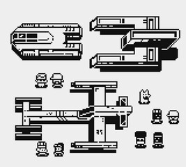 Retro pixel art set with sci fi spaceships, platforms and small characters. Monochrome 8bit game assets showing futuristic structures, vehicles and sprites for arcade.