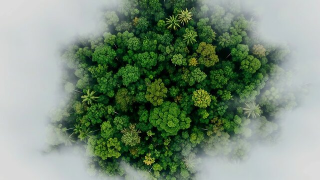 Tropical forest crown surrounded by morning mist, aerial shot. 